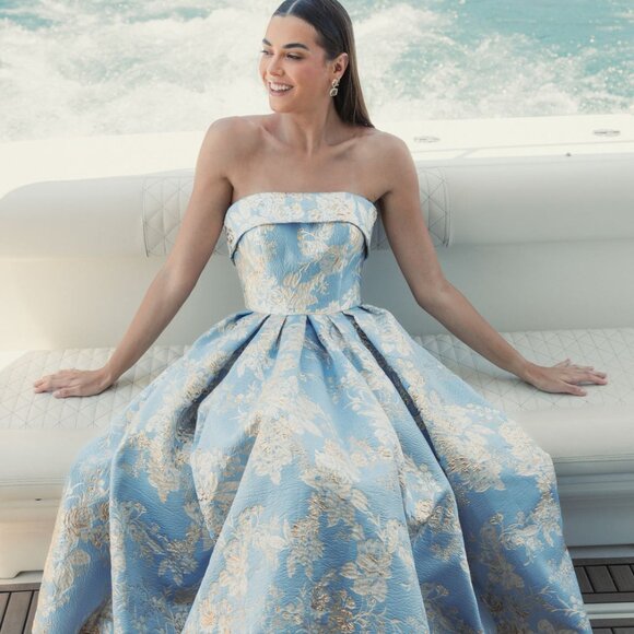 NWT | Mac Duggal 20726 Blue Strapless Brocade Midi Dress Size 14 - Picture 1 of 4
